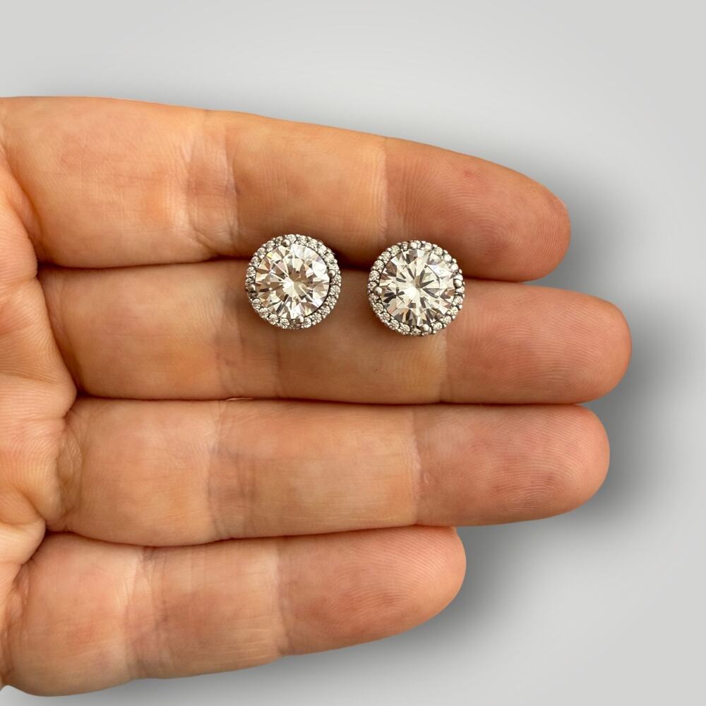 Sterling Silver 925 Large Round Clear CZ Halo Stud Earrings Sparkling